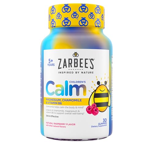 Zarbee's Naturals Children’s Calm Gummies, Magnesium for Kids Ages 5+, Melatonin-Free, Support for a Calm Mind & Body, Chamomile & Vitamin B6, Natural Raspberry Flavor, 30 Count Gummies