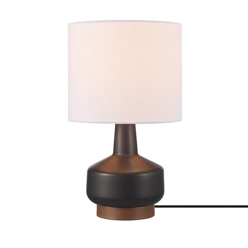 Globe Electric 15" Ceramic Table Lamp, Matte Black Base, Wood-Toned Accent, White Linen Shade, Dual Rotary Switch, 