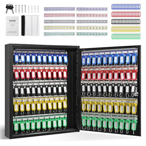 VEVOR 100-Key Cabinet, Key Lock Box with Adjustable Racks, Security Key Storage Box Steel, Key Organizer with 100 Colorf