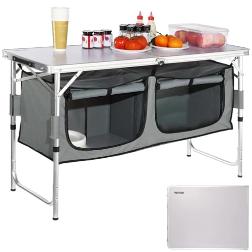 VEVOR Camping Kitchen Station, 3 Adjustable Height Folding Outdoor Camp Cooking Table with Storage Organizer, Quick Set-up for Patio BBQ Picnic Glamping Traveling