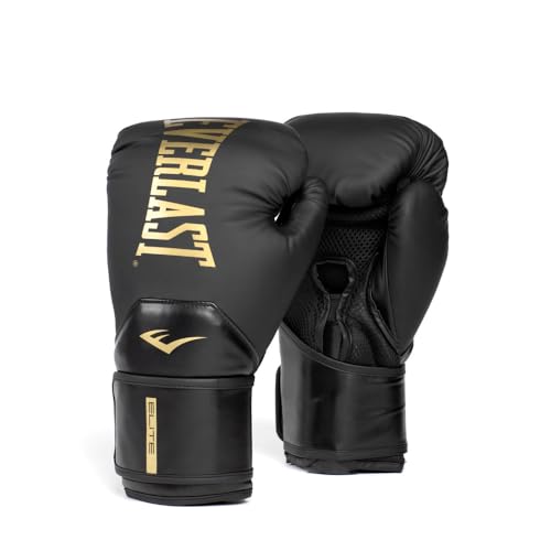 Everlast Elite 2 Boxing Gloves, Pro Training Gloves for Men and Women, Secure Fit Hook and Loop Closure & Ventilation, Heavy Bag & Speedbag Training (14 oz, Black/Gold)