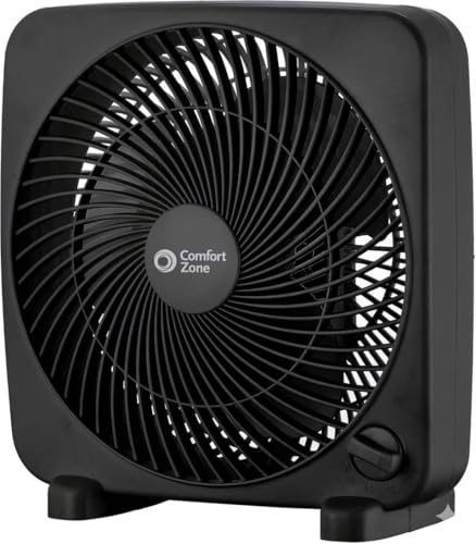 Comfort Zone Box Fan, 9 inch Portable Desk fan, Quiet 3 Speed Mini Fan for Bedroom, Electric Bedside Table Fan, Black