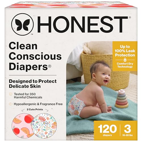The Honest Company Clean Conscious Diapers for Sensitive Skin, Up to 100% Leakproof Hypoallergenic Fragrance-Free Baby Diapers, Girl Prints, Super Club Box, Size 3 (16–28 lbs), 120 Count (Prints Vary)