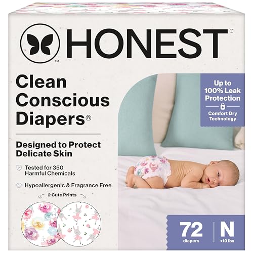 The Honest Company Clean Conscious Diapers for Delicate Skin, Up to 100% Leakproof Hypoallergenic Fragrance-Free Baby Diapers, Girl Prints, Club Box, Size Newborn, 72 Count (Prints May Vary)