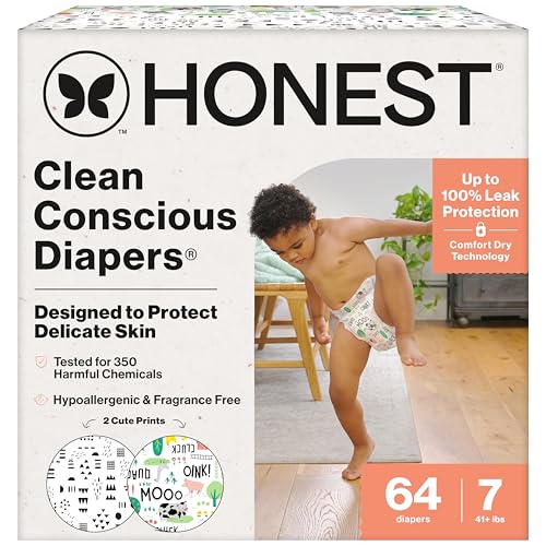 The Honest Company Clean Conscious Diapers for Delicate Skin, Up to 100% Leakproof Hypoallergenic Fragrance-Free Baby Diapers, Gender Neutral Prints, Super Club Box, Size 7 (41+ lbs), 64 Count