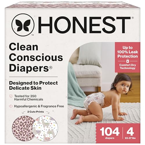 The Honest Company Clean Conscious Diapers for Delicate Skin, Up to 100% Leakproof Hypoallergenic Fragrance-Free Baby Diapers, Girl Prints, Super Club Box, Size 4 (22–37 lbs), 104 Count (Prints Vary)