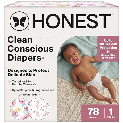 The Honest Company Clean Conscious Diapers for Delicate Skin, Up to 100% Leakproof Hypoallergenic Fragrance-Free Baby Diapers, Girl Prints, Club Box, Size 1 (8–14 lbs), 78 Count (Prints May Vary)