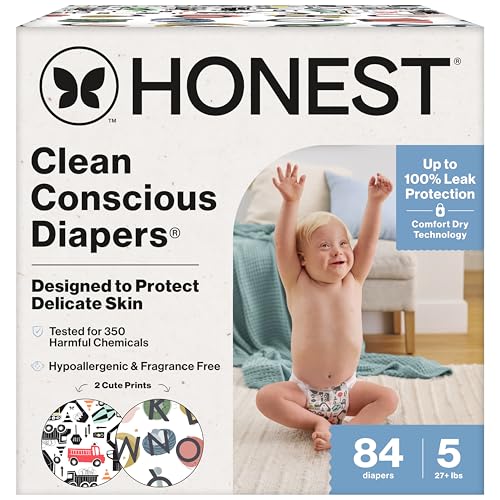 The Honest Company Clean Conscious Diapers for Sensitive Skin, Up to 100% Leakproof Hypoallergenic Fragrance-Free Baby Diapers, Gender Neutral Prints, Super Club Box, Size 5 (27+ lbs), 84 Count