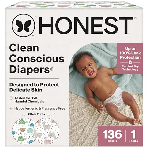 The Honest Company Clean Conscious Diapers for Sensitive Skin, Up to 100% Leakproof Hypoallergenic Fragrance-Free Baby Diapers, Gender Neutral Prints, Super Club Box, Size 1 (8–14 lbs), 136 Count