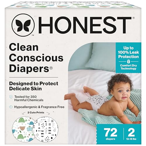 The Honest Company Clean Conscious Diapers for Delicate Skin | Up to 100% Leakproof | Hypoallergenic, Fragrance Free | Gender Neutral | Club Box, Size 2 (12-18 lbs), 72 Count (Prints May Vary)