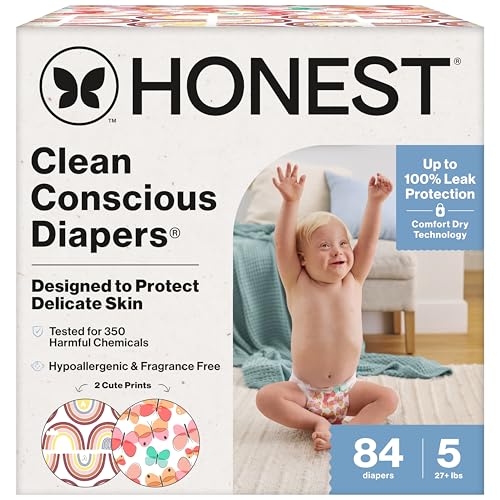 The Honest Company Clean Conscious Diapers for Sensitive Skin, Up to 100% Leakproof Hypoallergenic Fragrance-Free Baby Diapers, Girl Prints, Super Club Box, Size 5 (27+ lbs), 84 Count (Prints Vary)