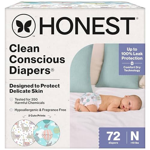 The Honest Company Clean Conscious Diapers for Delicate Skin, Up to 100% Leakproof Hypoallergenic Fragrance-Free Baby Diapers, Gender Neutral Prints, Club Box, Size Newborn, 72 Count (Prints May Vary)