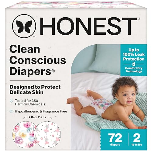 The Honest Company Clean Conscious Diapers for Delicate Skin, Up to 100% Leakproof Hypoallergenic Fragrance-Free Baby Diapers, Girl Prints, Club Box, Size 2 (12–18 lbs), 72 Count (Prints May Vary)