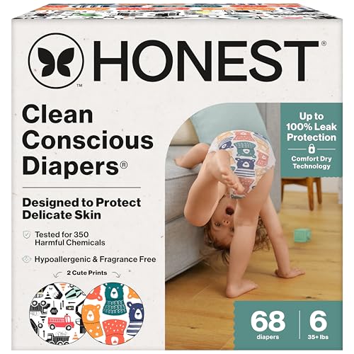 The Honest Company Clean Conscious Diapers for Sensitive Skin, Up to 100% Leakproof Hypoallergenic Fragrance-Free Baby Diapers, Gender Neutral Prints, Super Club Box, Size 6 (35+ lbs), 68 Count