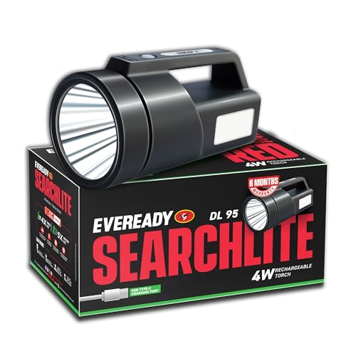 EVEREADY SEARCHLITE DL95, Rechargeable 4W Torch Cum 4W Emergency Sidelight, Type-C USB Fast Charging, Glow-in-THE-Dark Strip, Overcharge & Deep Discha