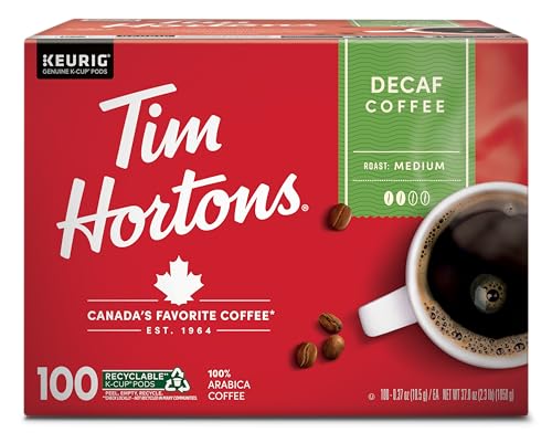 Tim Hortons Decaf, Medium Roast Coffee, Single-Serve K-Cup Pods Compatible with Keurig Brewers, 100ct K-Cups