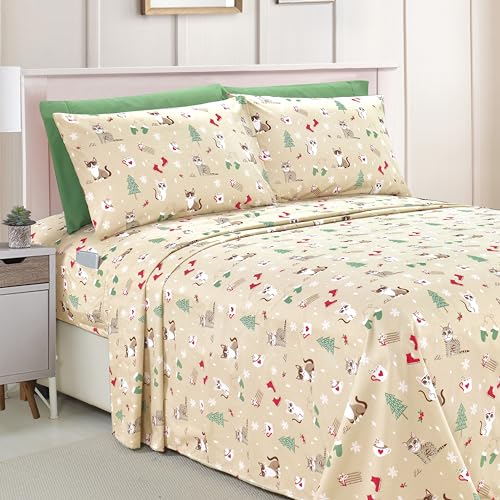 Elegant Comfort Luxury Soft Bed Sheets Holiday Pattern 1500 Premium Hotel Quality Microfiber - Softness Wrinkle and Fade Resistant (4-Piece) Bedding Set, Twin, Cream Cats