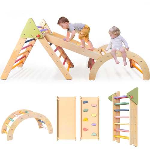 LOL-FUN Pikler Triangle Set Montessori Toddler Climbing Toys Indoor, Foldable Climbing Toys for 1 Year Old, Baby Climbing Gym Slide for Toddlers 1-3