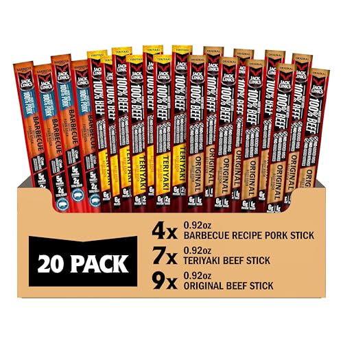 Jack Link's Meat Sticks Variety Pack, Original, Teriyaki, and Barbecue Pork - Protein Snack, Meat Snack Sticks Made with 100% Beef or Pork, Keto Friendly - 0.92 Oz. (20 Count)