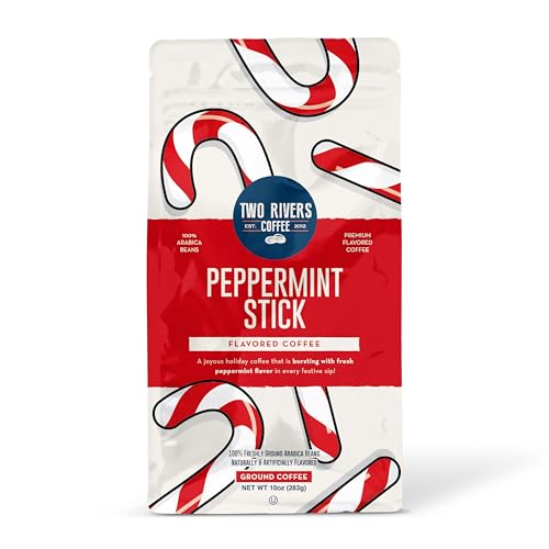 Two Rivers Coffee Peppermint Stick Flavored Ground Coffee, Perfectly Balanced, Always Smooth, Made with 100% Arabica Beans - Flavor Enhanced, 10 Ounce Bag