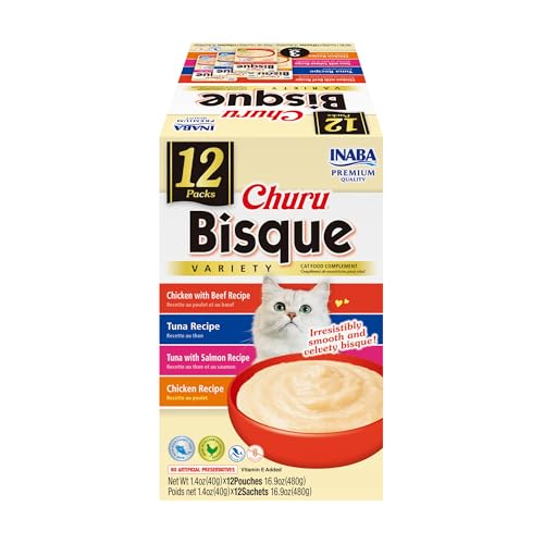 INABA Churu Bisque for Cats, Creamy Lickable Purée Side Dish with Vitamin E, 1.4 Ounces per Pouch, 12 Pouches, Tuna & Chicken Variety