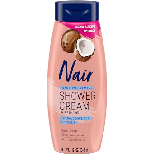 Nair Sensitive Shower Cream Hair Remover with Natural Coconut Oil and Vitamin E, Body Hair Removal Cream, 12 oz