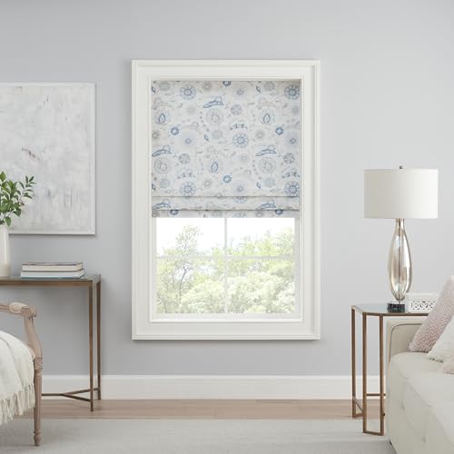 Waverly Annisa Jacobean Floral 100% Blackout Roman Shade, Cordless and Noise Reducing Window Shade for Privacy, Thermal Window Treatments for Energy Saving Benefits, 23 in Wide x 64 in Long, Blue