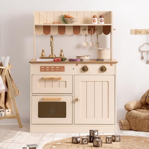 ROBOTIME Play Kitchen for Kids Toddlers, Wooden Pretend Play Kitchen Set Toy with Cutting Food Set, Toys Kitchen Gift for 3+ Year Old Kids, Girls & Boys