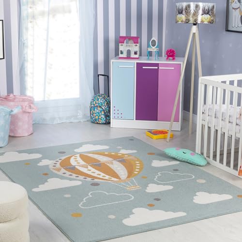 Livabliss Hot Air Balloon Kids Rug - Childrens Rugs for Bedroom 120x170 cm, Kids Carpet for Girls & Boys Bedroom, Playroom and Nursery Rugs, Baby Rug for Girl or Boy Room, Teal and Orange