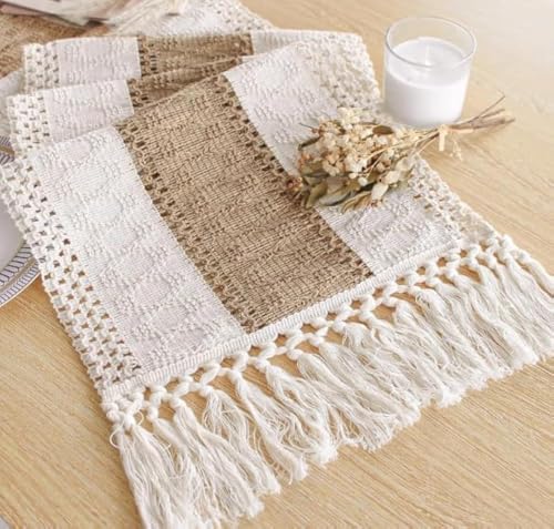 Fexia Boho Table Runner for Thanksgiving Home Decor with Tassels 90 Inch Cream & Brown Macrame Runner for Dining & Bedroom Baby Bridal Shower Decor(12x90 Inches)