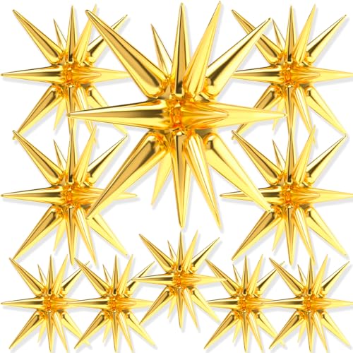 PartyWoo Metallic Gold Star Foil Balloons 10pcs Different Sizes Pack of 42 27 22 Inch Starburst Spike Mylar Balloons for Graduation Wedding Anniversary Bachelorette Birthday Party Decorations