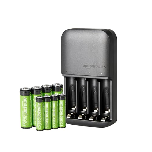 Amazon Basics NiMh Rechargeable Batteries (4 AA & 4 AAA) with 4 Bay Battery Charger, Type A (American) Plug, Black, 8 Count