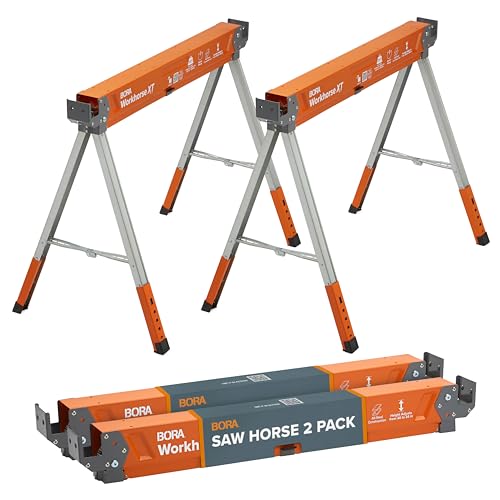 BORA Workhorse XT Saw Horses 2 Pack Folding Heavy Duty Adjustable Height Sawhorse Pair with Adjustable Legs, Heavy Duty Saw horse for Contractors Portable Workbench w/Built in Bottle opener PM-3360T
