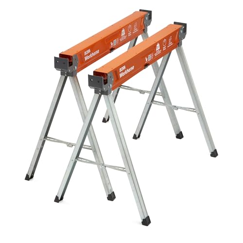 BORA Workhorse Saw horses 2 pack Folding Heavy Duty Legs, Metal Saw horse with 2x4 Bracket Built in Bottle Opener Professional Saw Horse for Woodworking Carpenters Contractors PM-3350T
