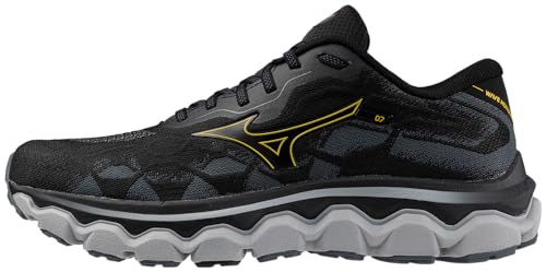 Mizuno Mens Wave Horizon 7 Running Shoe, Black/Citrus, 10