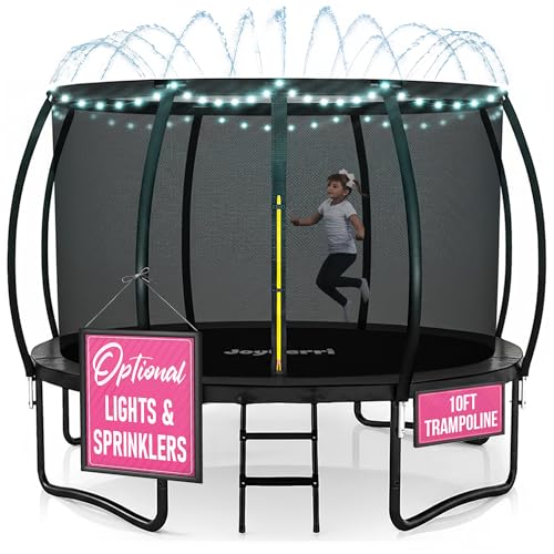 JoyBerri Trampoline Outdoor - ASTM Certified Safe, 8Ft, 10Ft, 12Ft, 14Ft, 15Ft, 16Ft Recreational Trampoline for Kids and Adults. Anti-Rust Coating with Enclosure Net, Ladder, Sprinkler & LED Lights