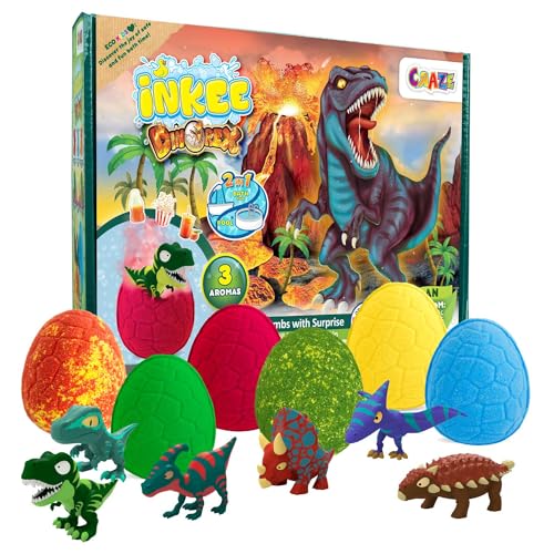 INKEE Dinosaur Bath Bombs Gift Set for Kids Age 3+ – 6 Colourful Bath Bombs with Surprise Dino Toys Inside – Fun Bath Time Toy and Creative Gift for Girls and Boys