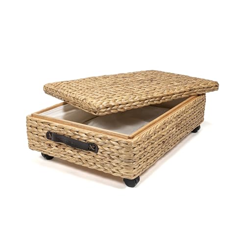 happimess BSK1006A 26.38" Chett Minimalist Hand-Woven Hyacinth/Wood Underbed Storage Bin with Wheels and Handles fo