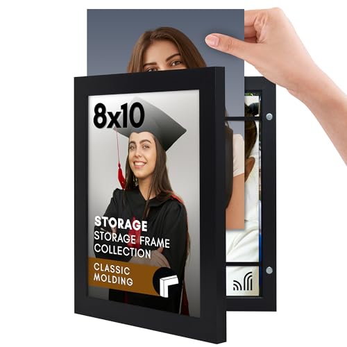 Americanflat 8x10 Picture Frame with Storage - Quick Change Storage Frames with Shatter-Resistant Glass - Holds 35 Photos - Storage Frame Collection - Photo Frame for Tabletop and Wall Display - Black