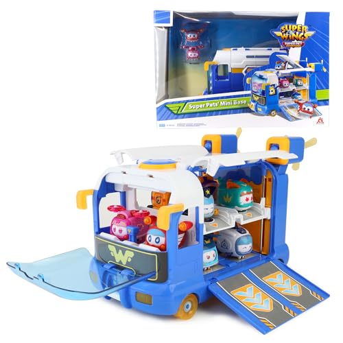 Super Wings Season 7 New Super Pets' Mini Base，Transforming Playset from Bus to Aircraft, with Super Pet Jett & Dizzy, Role Play Toys for Kids, Gifts for Girls Boys Age 3+