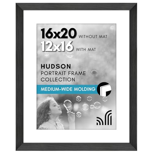 Americanflat 16x20 Picture Frame with Polished Plexiglass - Use as 12x16 Frame with Mat or Display 16x20 Photo Without Mat - Hudson Collection - Wide Picture Frames for Wall Display - Black