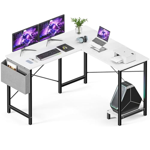 Sweetcrispy L Shaped Computer Desk - Gaming Corner 50 Inch PC White Writing Study Student Table with Wooden Desktop CPU Stand Side Bag Reversible for Home Office Room Small Space, White