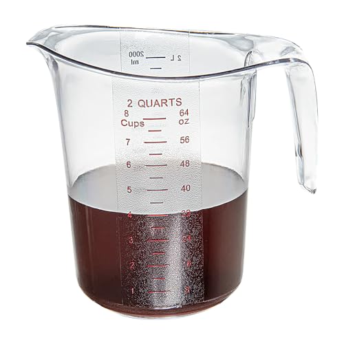 Restaurantware RW Base 2 Quart Measuring Jar 1 Durable Measuring Beaker - Metric And Imperial Units V-Shaped Spout Clear Plastic Measuring Cup Handle With Thumb-Grip Tolerates Up To 248F