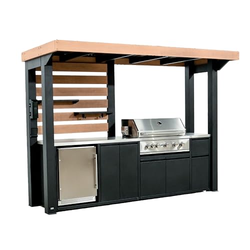 Backyard Discovery Fusion Flame Galvanized Steel Covered Outdoor Kitchen with 5-Burner Stainless Steel Grill, Refrigerator, Countertop, Storage, and Steel Roof for All-Season Outdoor Cooking