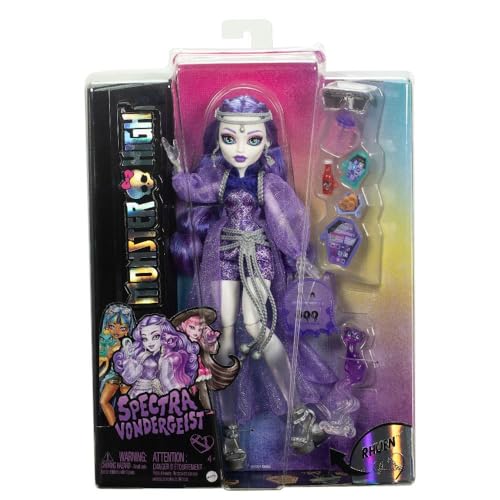 Monster High Spectra Vondergeist Doll with Pet Ferret Rhuen and Accessories Like Backpack, Tablet, Snacks and More