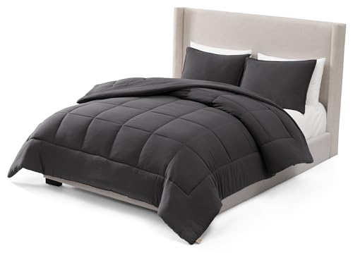 UGG Full/Queen Comforter Set with 2 Pillow Shams, Lightweight Down Alternative Blanket, Reversible Cozy Warm All Season Washable, Hypoallergenic Bedding Set, Charcoal Grey (Leonora)