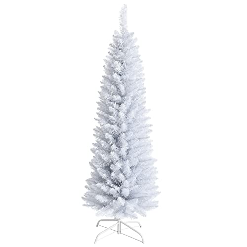 Giantex 5FT Artificia Pencil Christmas Tree, Realistic Unlit Pine Tree with 240 PVC Needles & Folding Metal Stand, for Indoor Outdoor Christmas Decoration, White