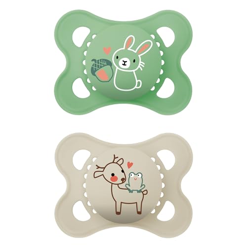 MAM Original Soothers | 0-6 Months | 2 Pack | Comes in Dummy Steriliser Case | Sustainable Materials | Baby Accessories for Newborn | Grey/Cream (Various Designs)