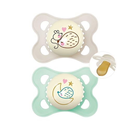 MAM Latex Original Night Soothers | 0-6 Months | Glow in The Dark Dummies | Comes in Dummy Steriliser Case | Baby Accessories for Newborn | Green/Cream (Various Designs)
