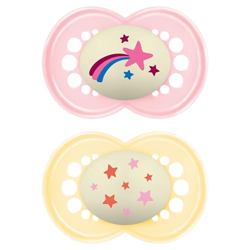 MAM Original Night Soothers | 18-36 Months | 2 Pack | Glow in The Dark Dummies | Comes in Dummy Steriliser Case | Sustainable Materials | Baby Accessories | Pink (Various Designs)